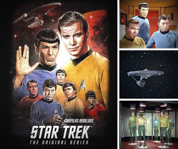 Cartel de la serie original de Star Trek con los personajes principales y la nave estelar Enterprise.